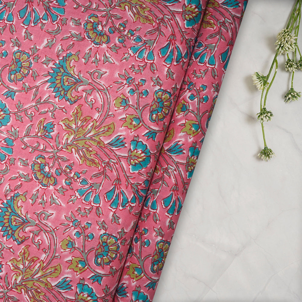 Pink Floral Jaal Screen Printed Pure Cotton Fabric