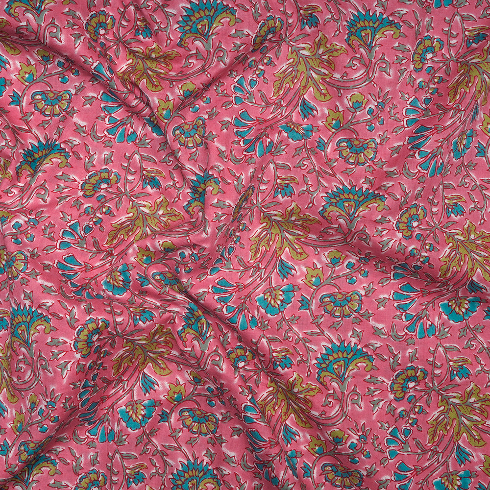 Pink Floral Jaal Screen Printed Pure Cotton Fabric
