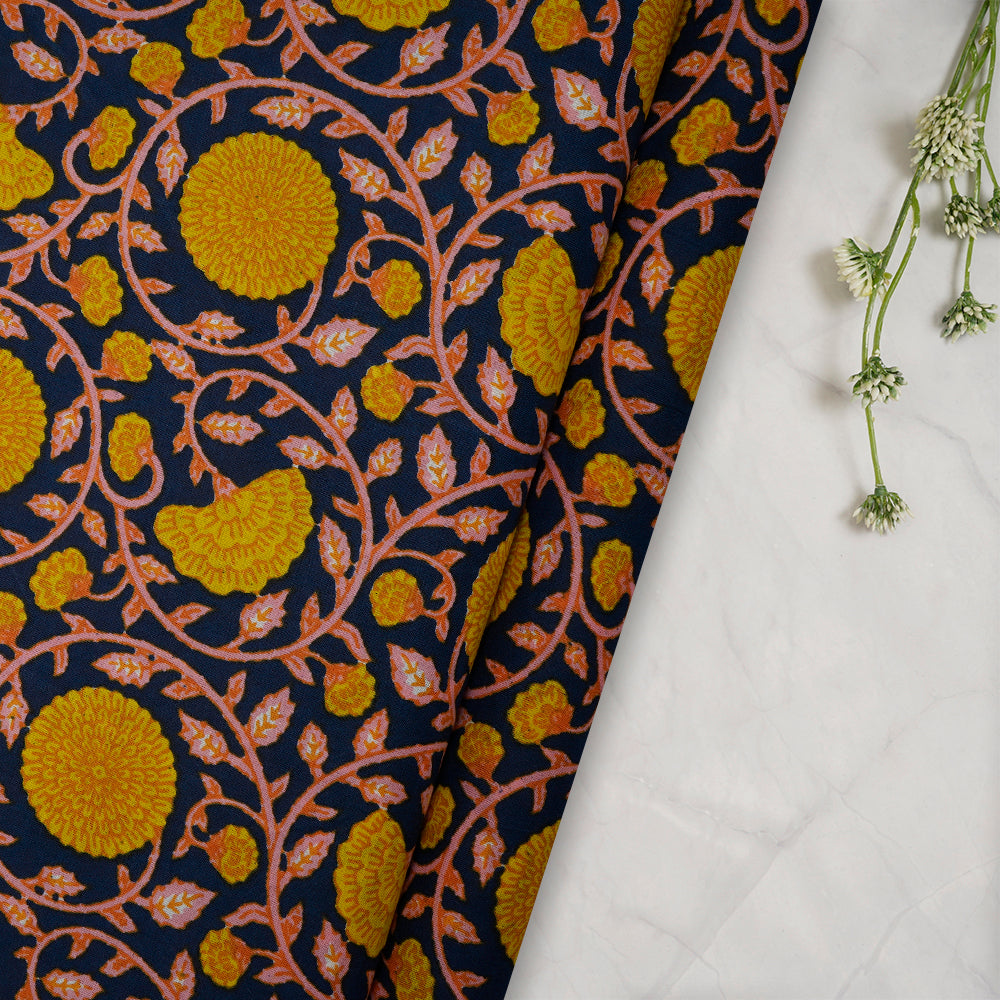 Navy-Yellow Floral Jaal Screen Printed Pure Cotton Fabric