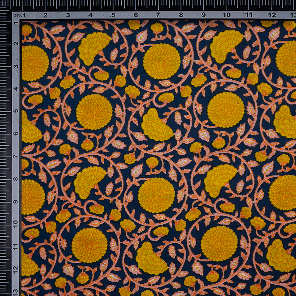 Navy-Yellow Floral Jaal Screen Printed Pure Cotton Fabric