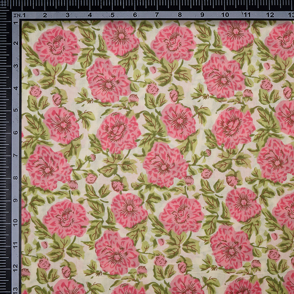 Cream-Pink Floral Jaal Screen Printed Pure Cotton Fabric