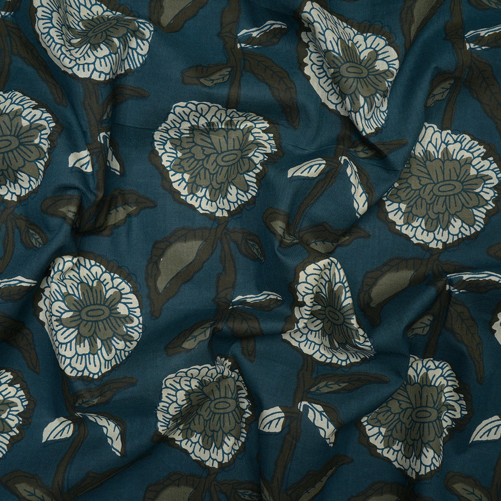 Blue Floral Pattern Screen Printed Pure Cotton Fabric