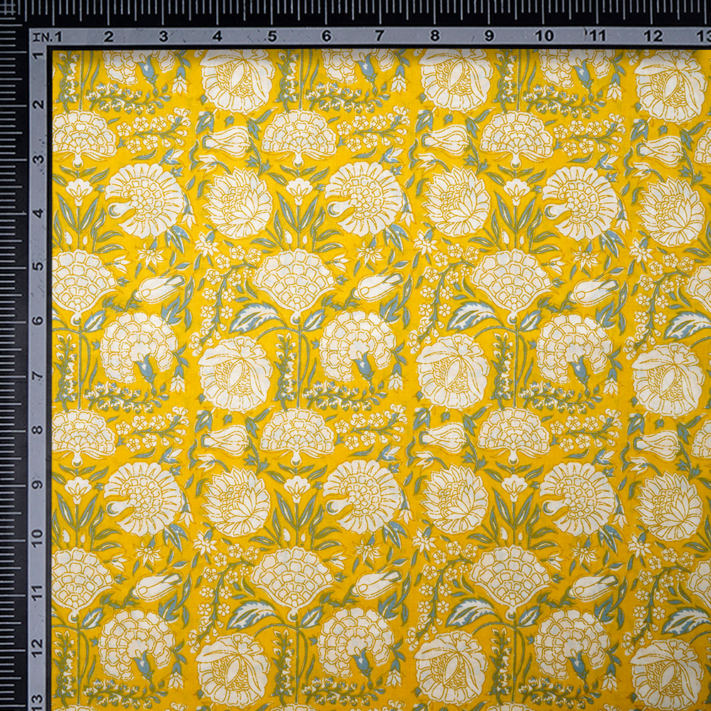 Yellow-Cream Floral Jaal Screen Printed Pure Cotton Fabric