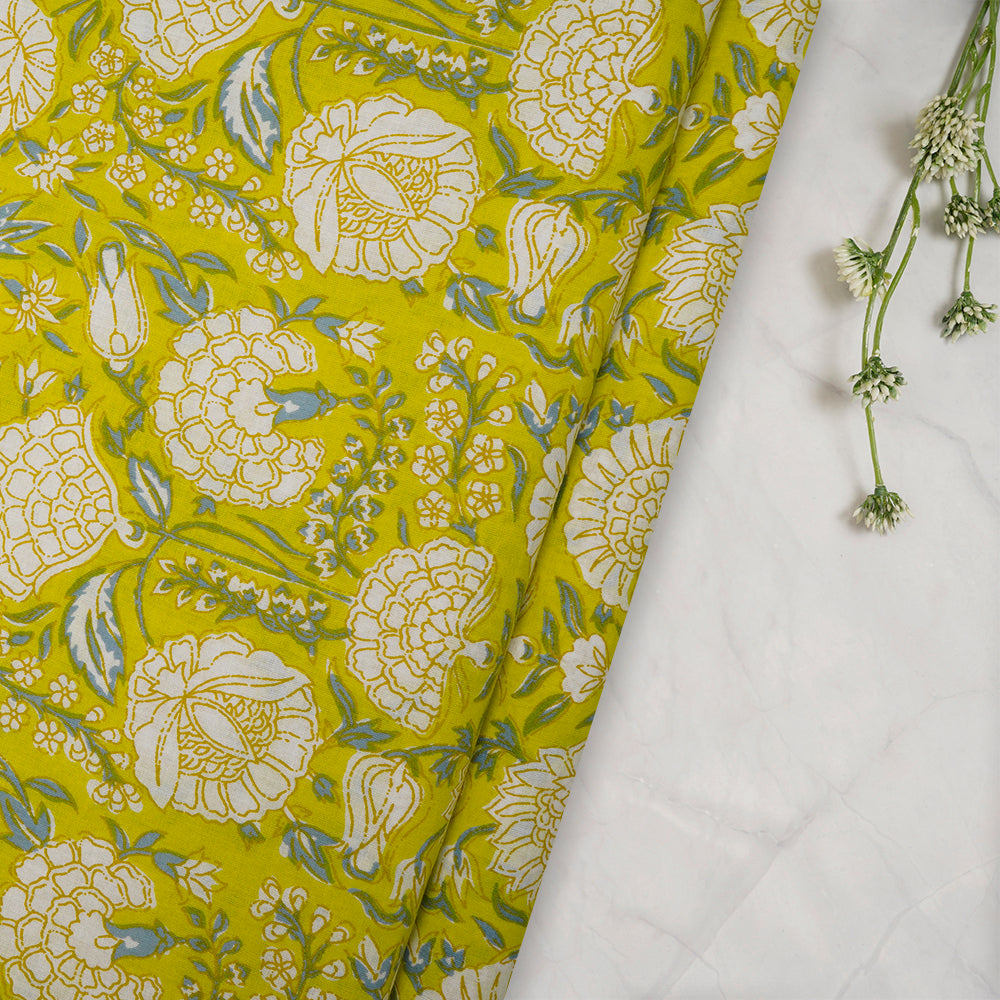 Yellow Floral Pattern Screen Printed Pure Cotton Fabric