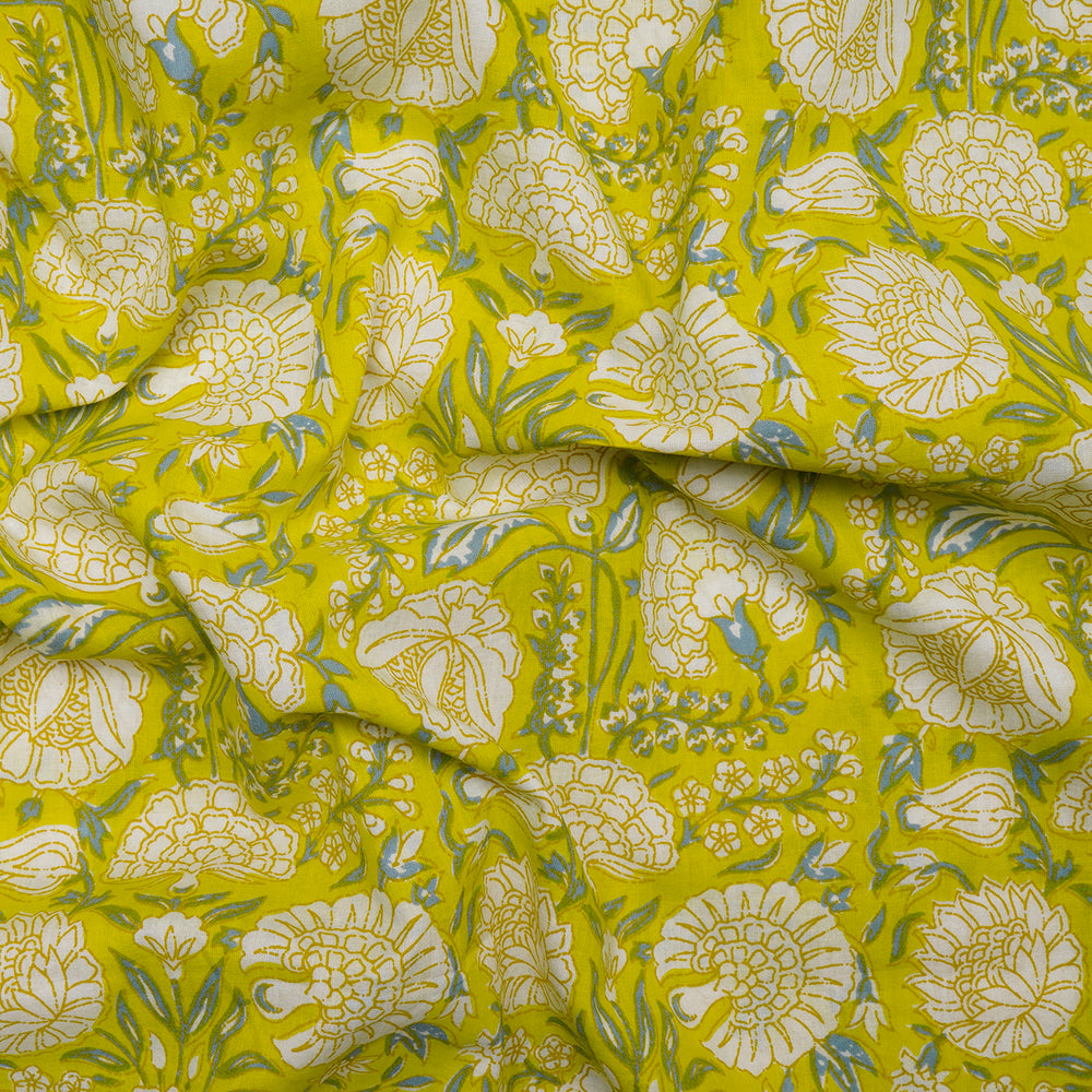 Yellow Floral Pattern Screen Printed Pure Cotton Fabric