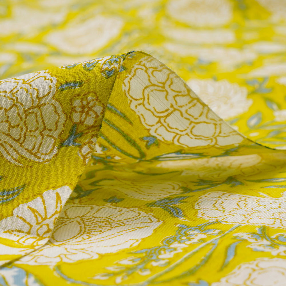 Yellow Floral Pattern Screen Printed Pure Cotton Fabric