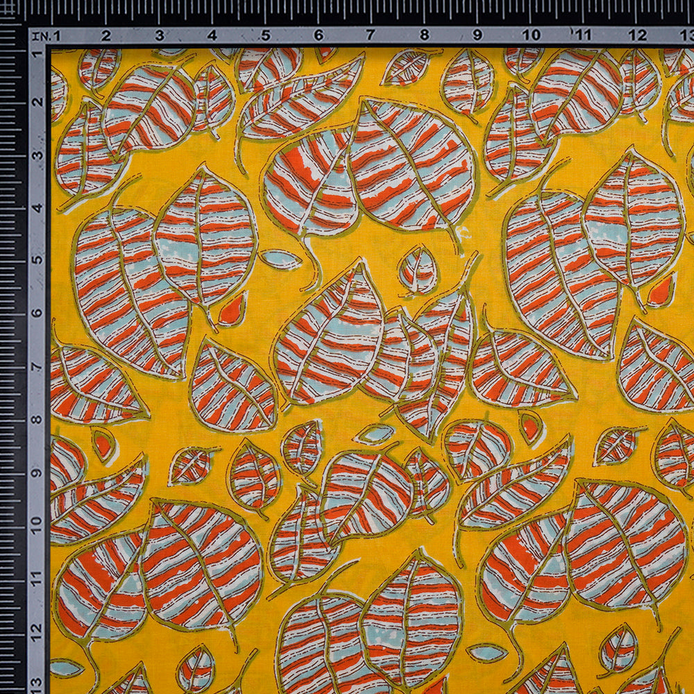 Mustard Leaf Pattern Screen Printed Pure Cotton Fabric
