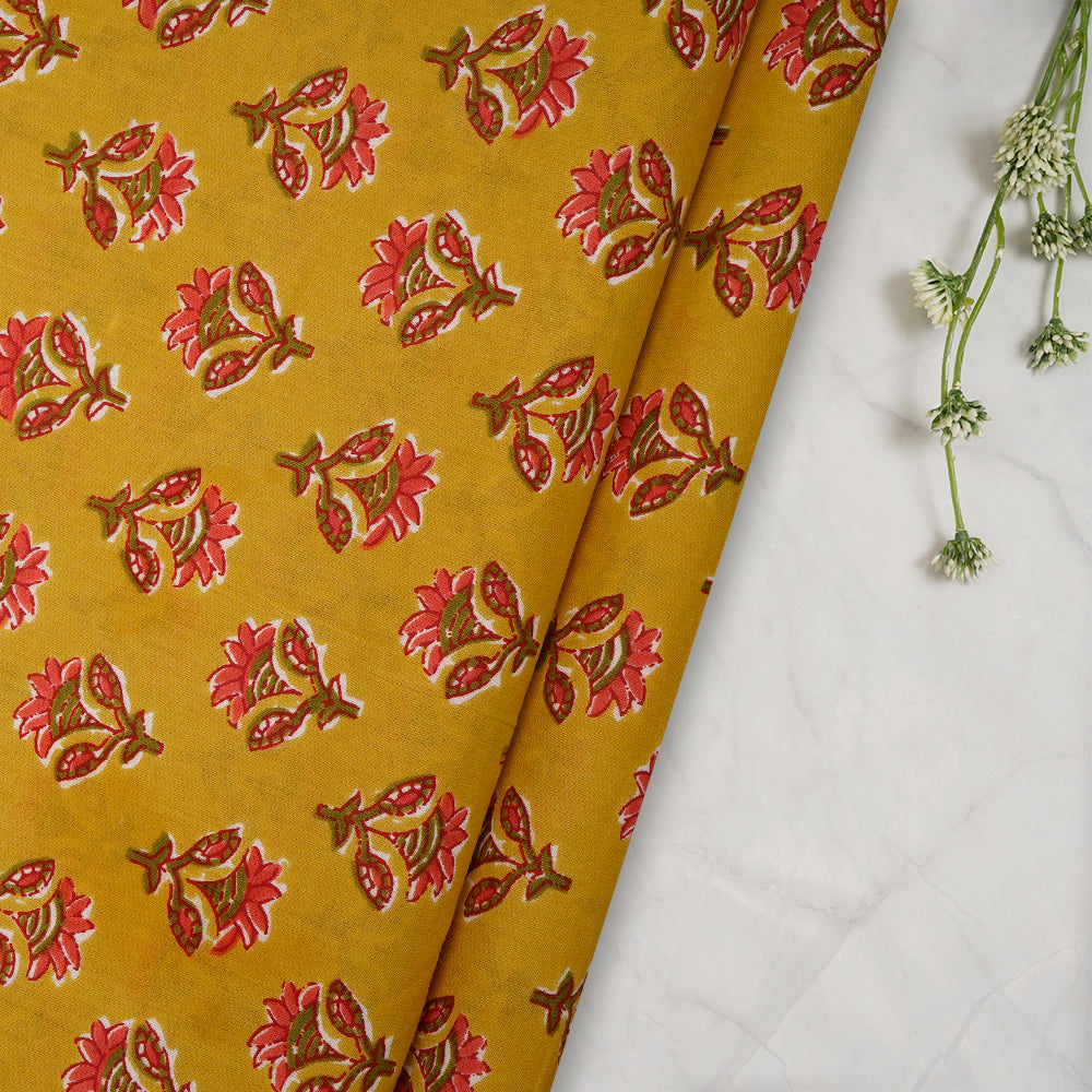 Mustard Floral Booti Screen Printed Pure Cotton Fabric