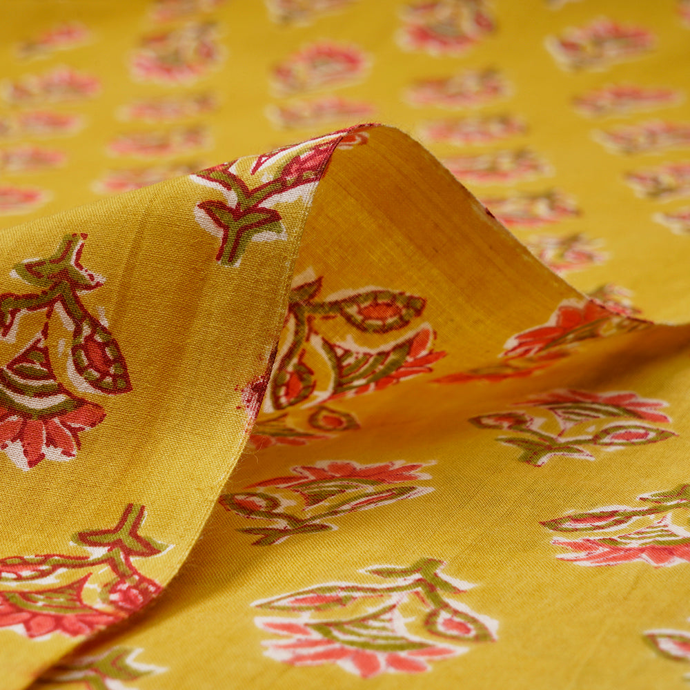 Mustard Floral Booti Screen Printed Pure Cotton Fabric