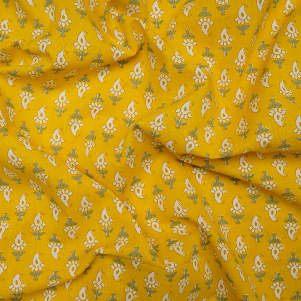 Yellow Floral Booti Screen Printed Pure Cotton Fabric