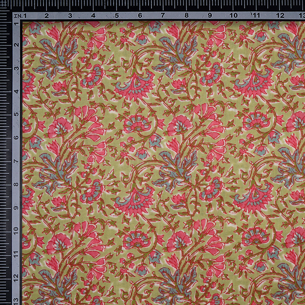Olive Floral Pattern Screen Printed Pure Cotton Fabric