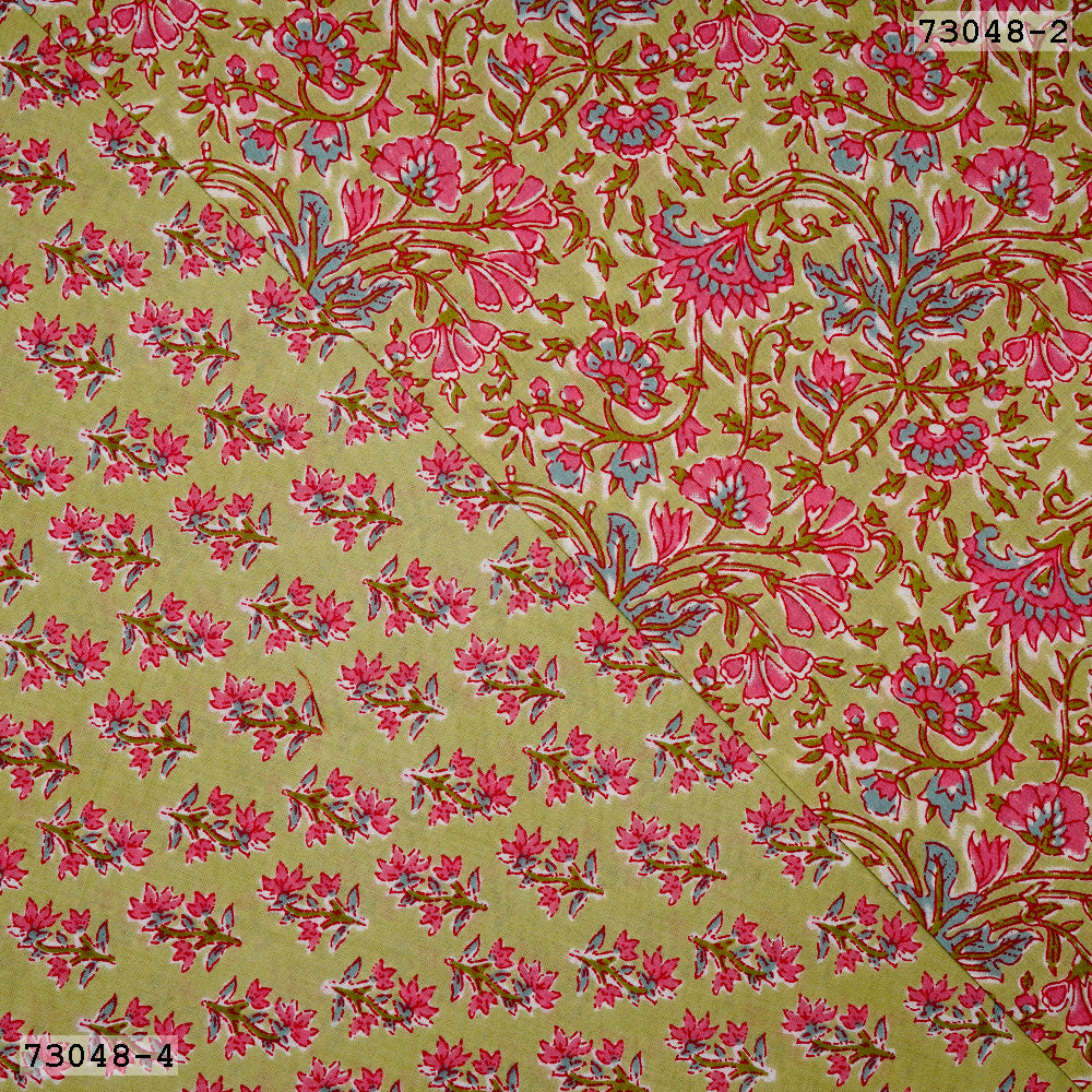 Olive Floral Pattern Screen Printed Pure Cotton Fabric