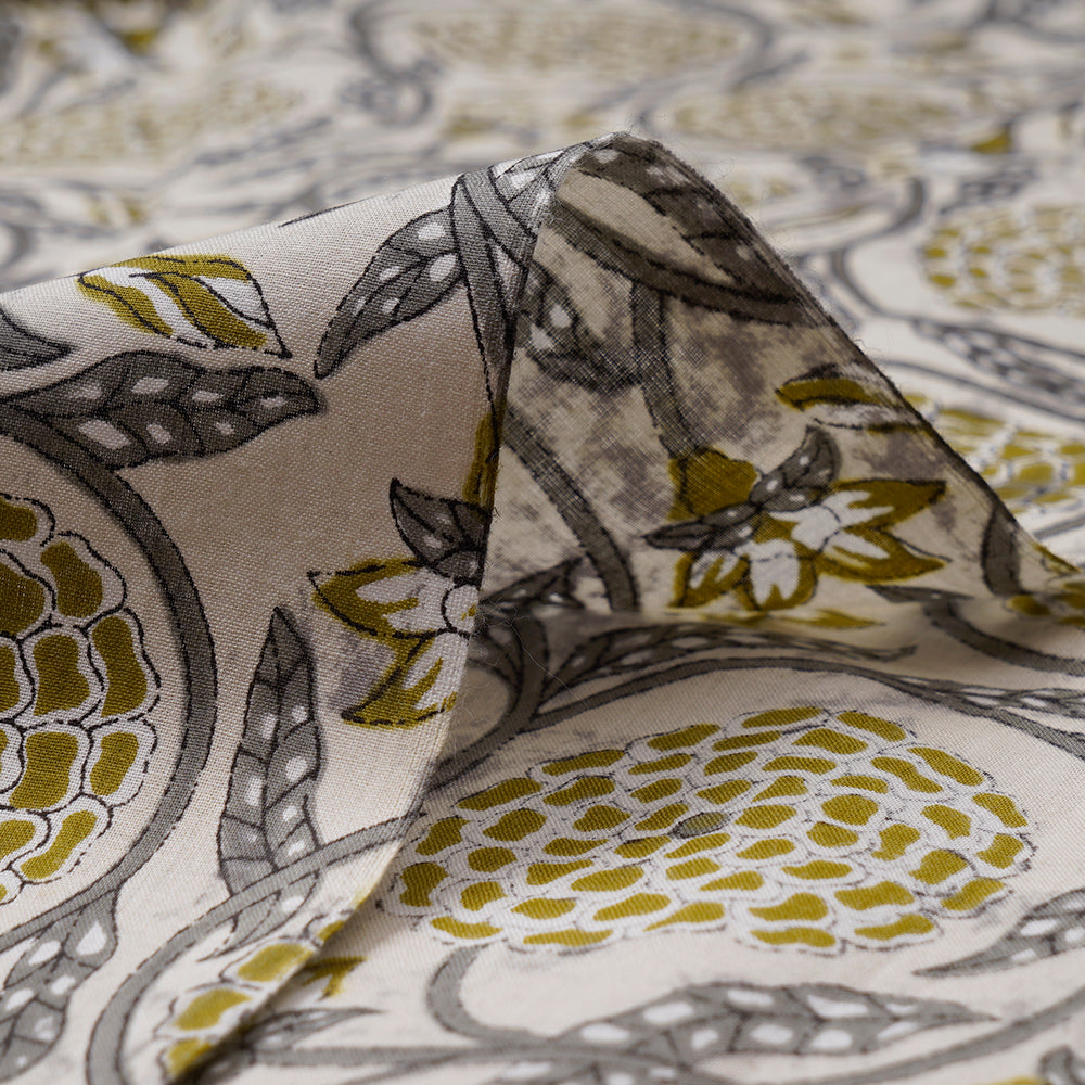 Cream-Grey Floral Pattern Screen Printed Pure Cotton Fabric