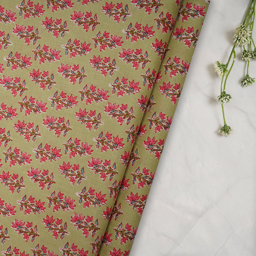 Green-Pink Floral Booti Screen Printed Pure Cotton Fabric