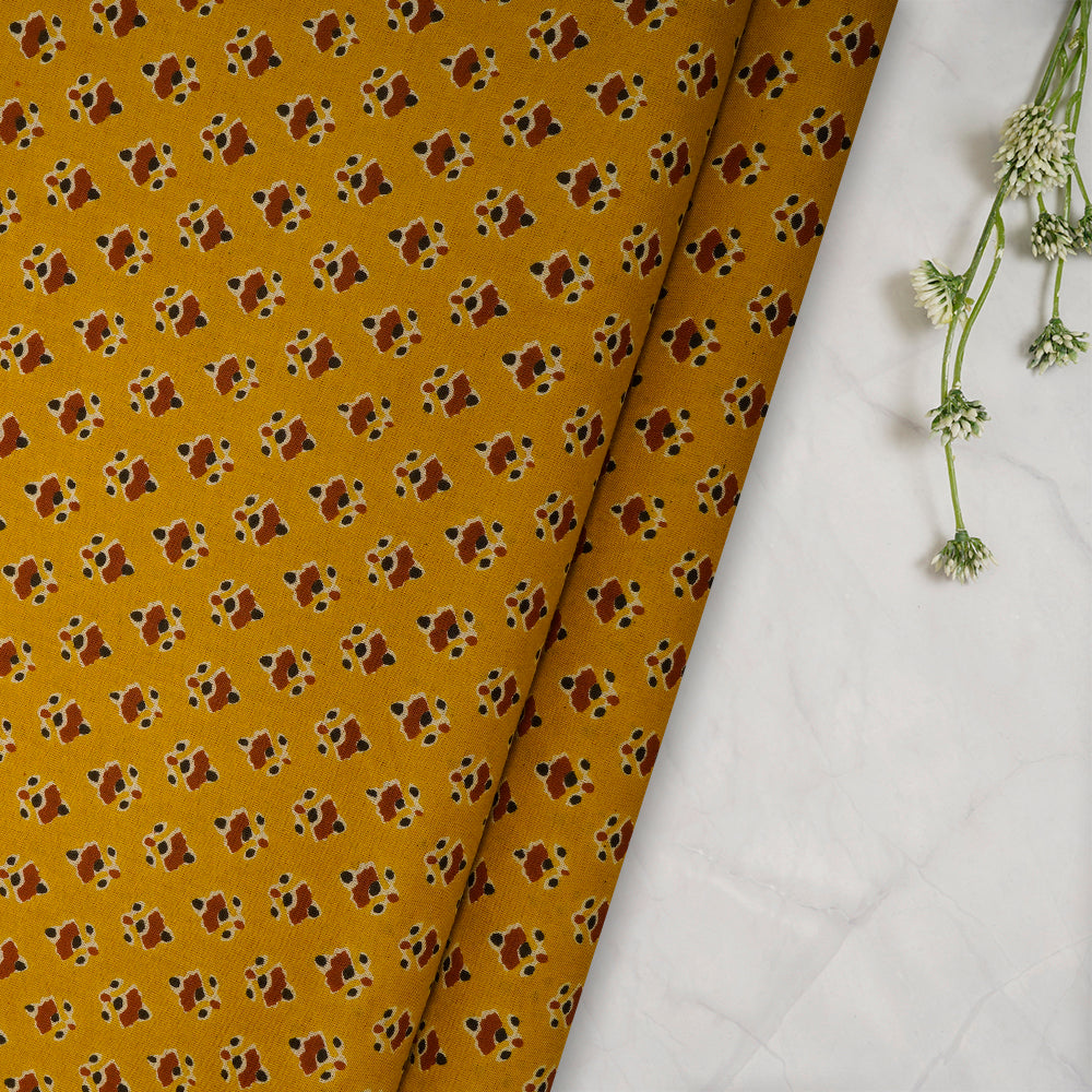 Mustard Floral Booti Screen Printed Pure Cotton Fabric