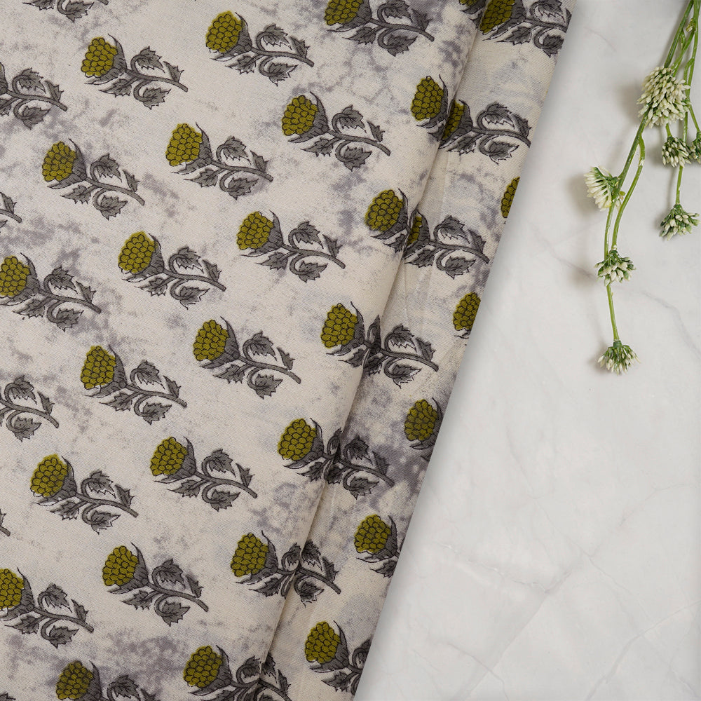 Grey-Off White Floral Booti Screen Printed Pure Cotton Fabric