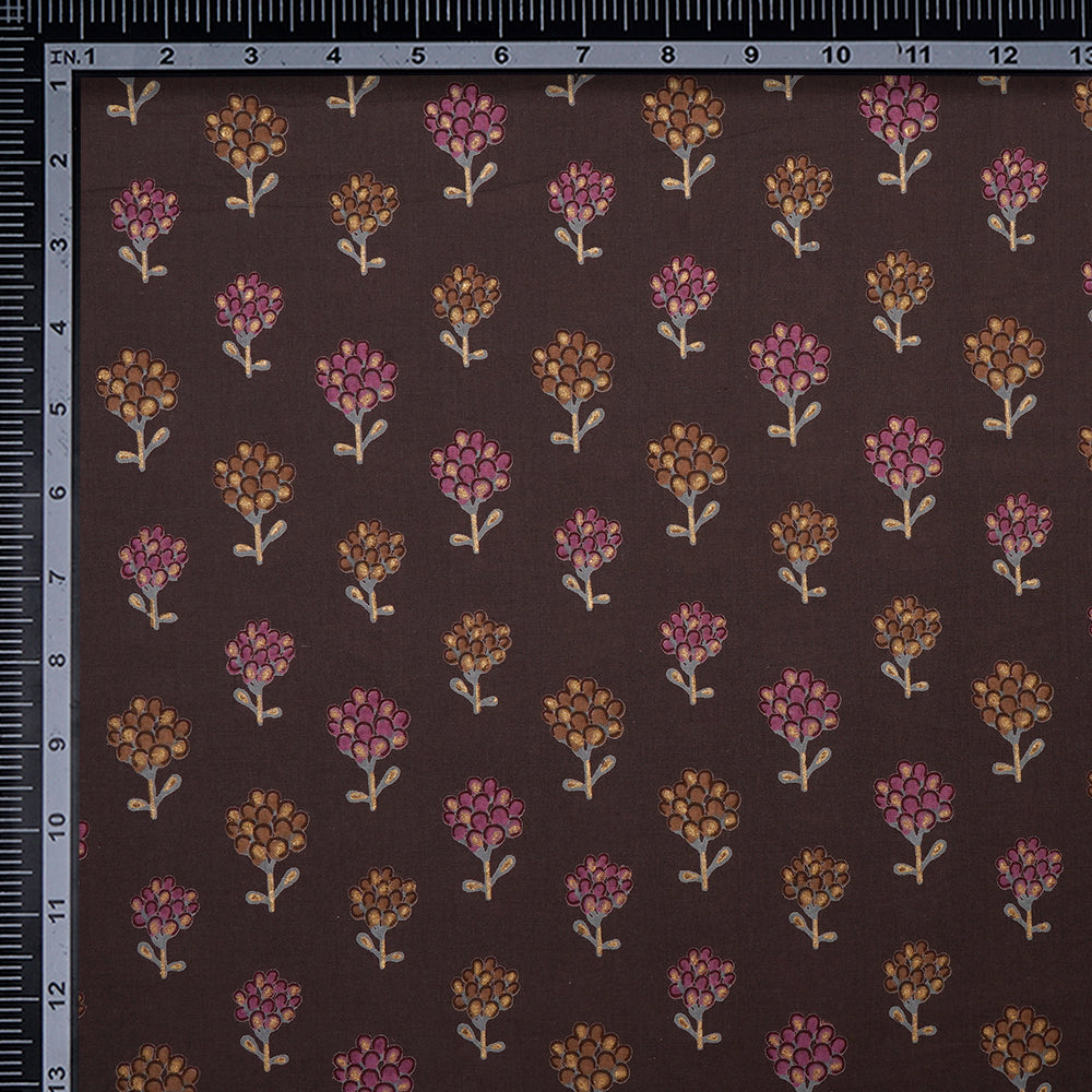 Dark Brown Floral Booti Screen Printed Pure Cotton Fabric