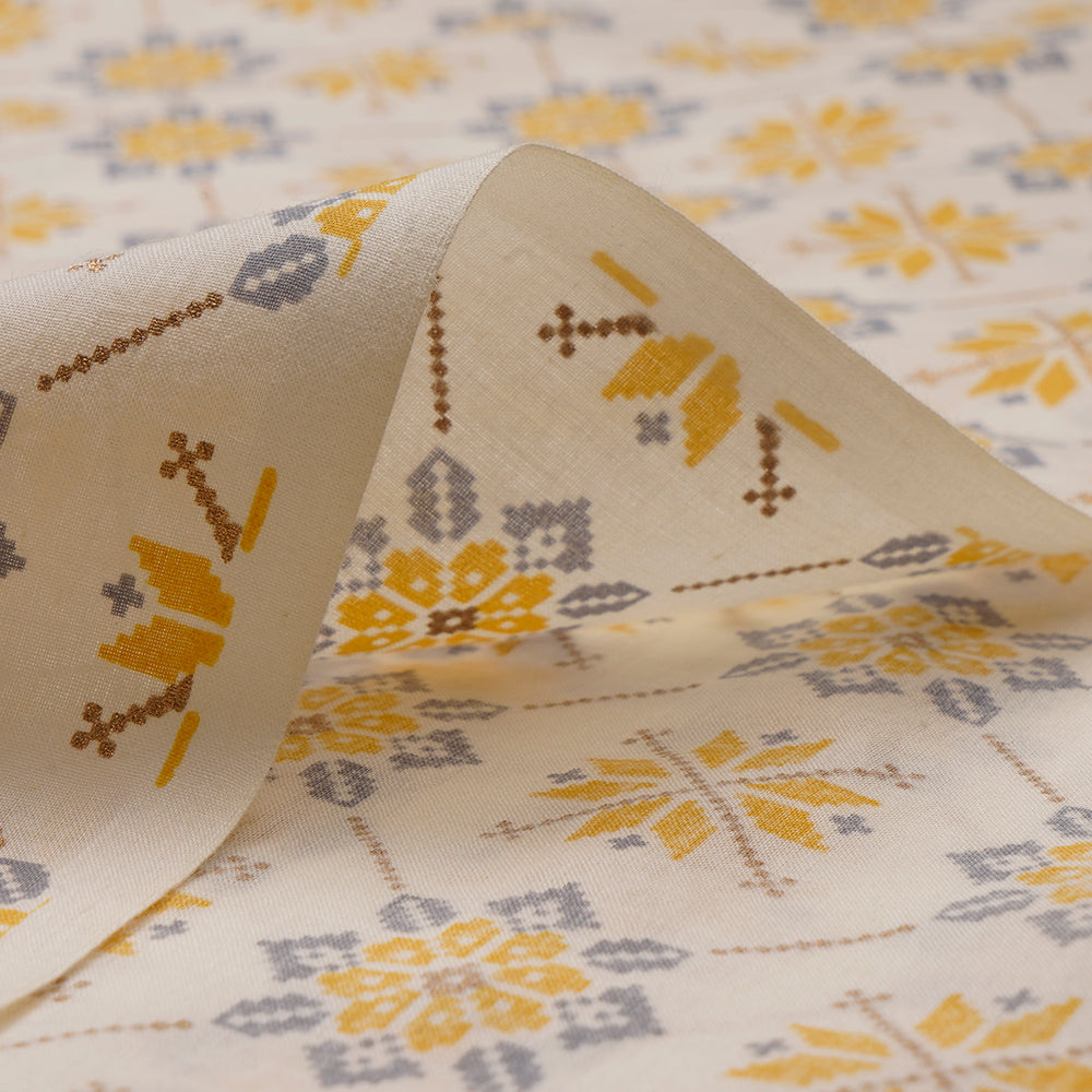 Cream-Musturd Floral Motif Screen Printed Pure Cotton Fabric