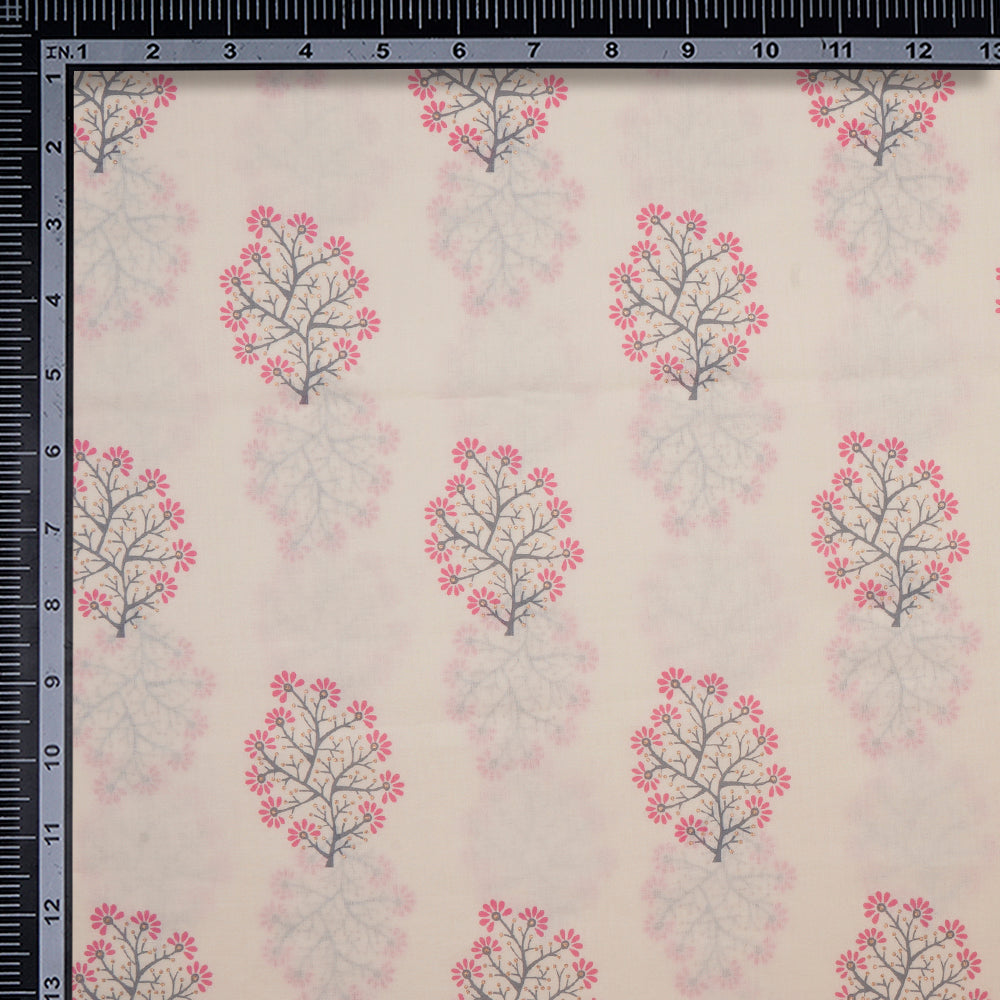 Cream-Pink Floral Motif Screen Printed Pure Cotton Fabric