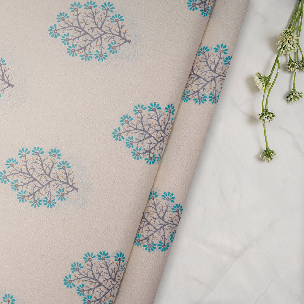 Cream-Blue Floral Motif Screen Printed Pure Cotton Fabric