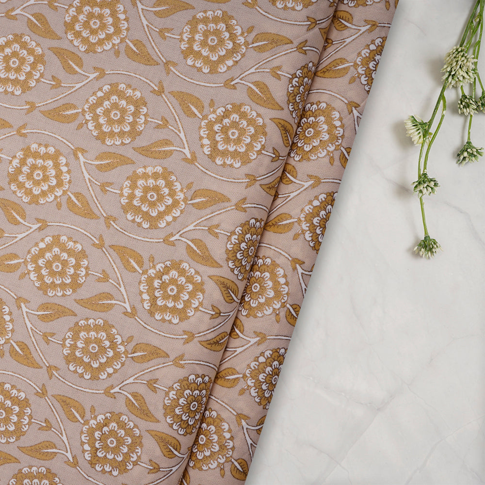 Beige-Olive Floral Pattern Screen Printed Pure Cotton Fabric