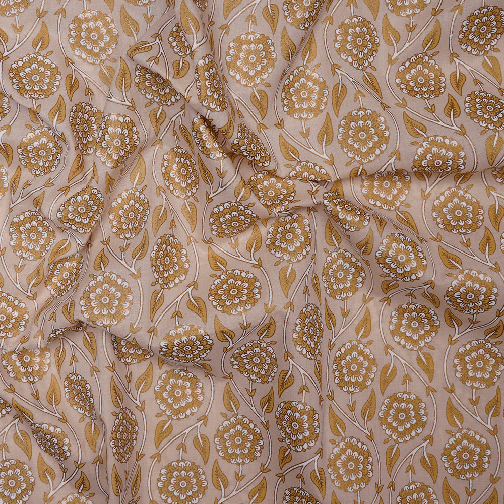 Beige-Olive Floral Pattern Screen Printed Pure Cotton Fabric