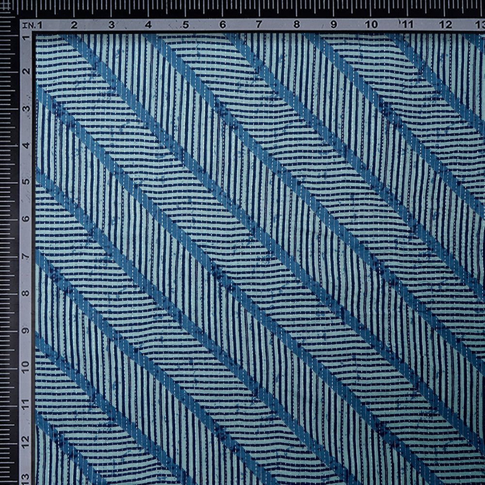 Blue Geometric Pattern Screen Printed Kantha Dobby Pure Cotton Fabric