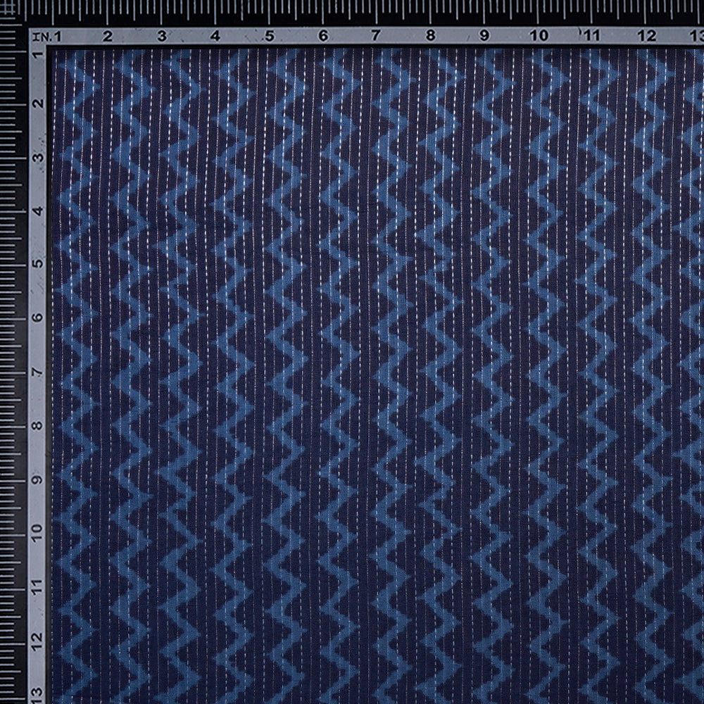 Blue Chevron Pattern Screen Printed Kantha Dobby Pure Cotton Fabric