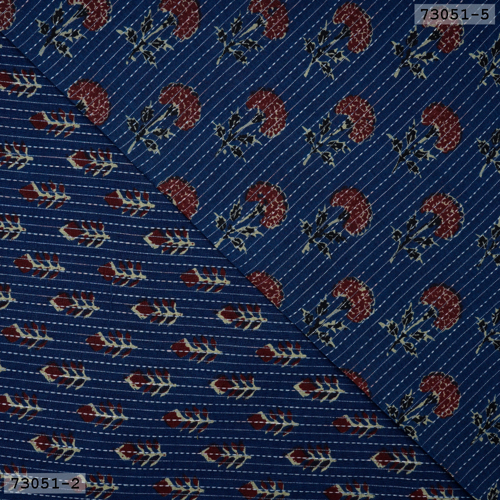 Blue Floral Pattern Screen Printed Kantha Dobby Pure Cotton Fabric