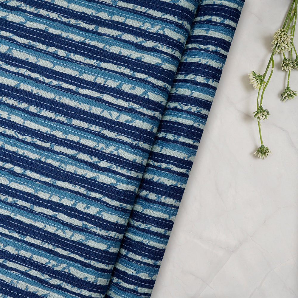 Blue Striped Pattern Screen Printed Kantha Dobby Pure Cotton Fabric