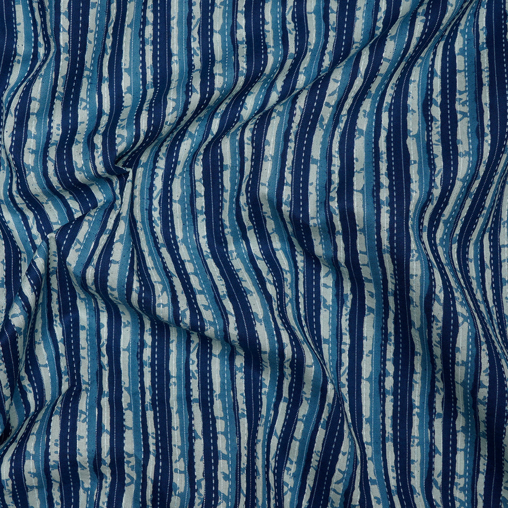 Blue Striped Pattern Screen Printed Kantha Dobby Pure Cotton Fabric