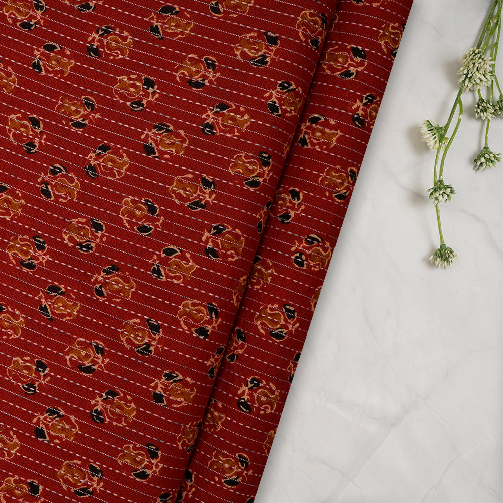 Red Floral Pattern Hand Block Print Kantha Cotton Fabric