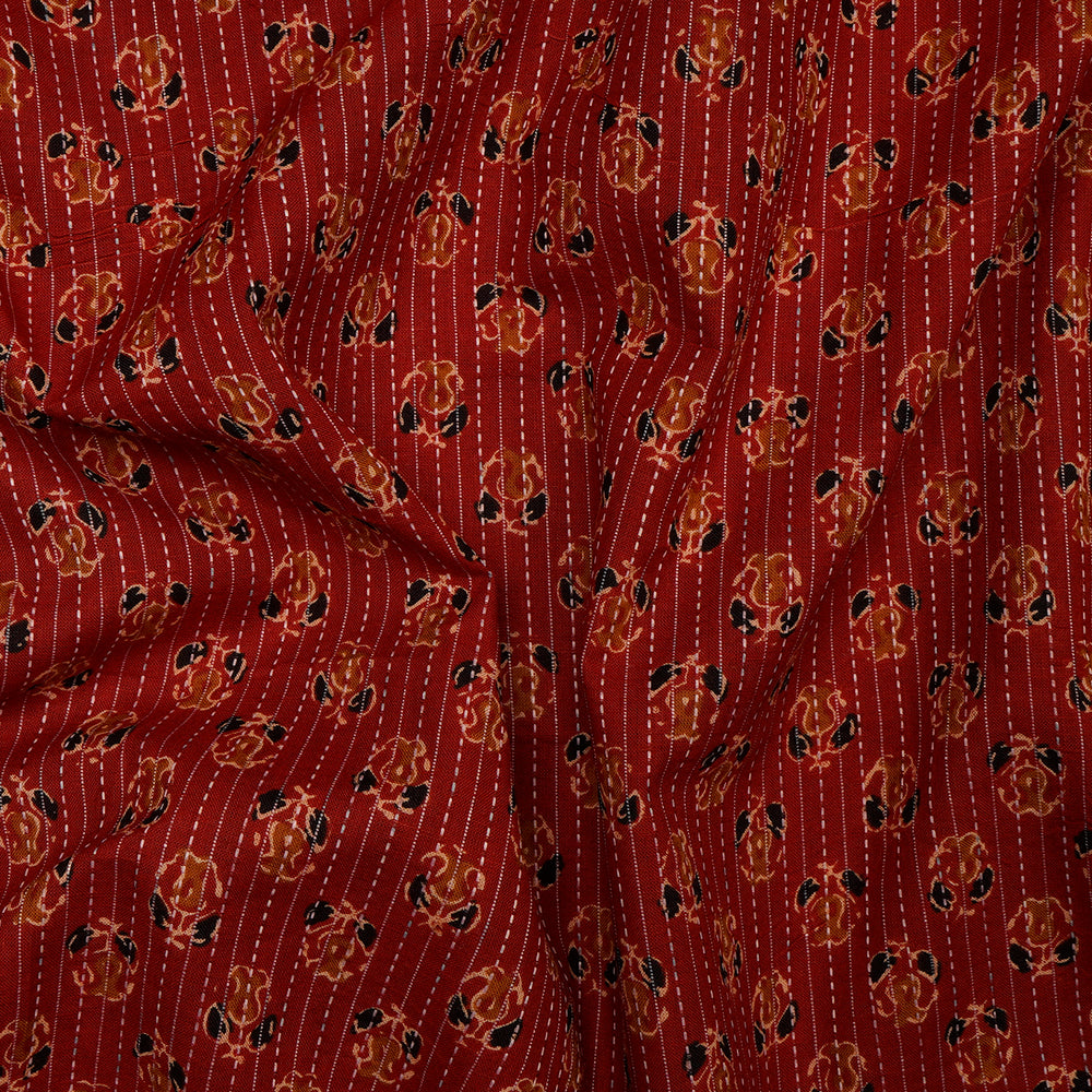 Red Floral Pattern Hand Block Print Kantha Cotton Fabric