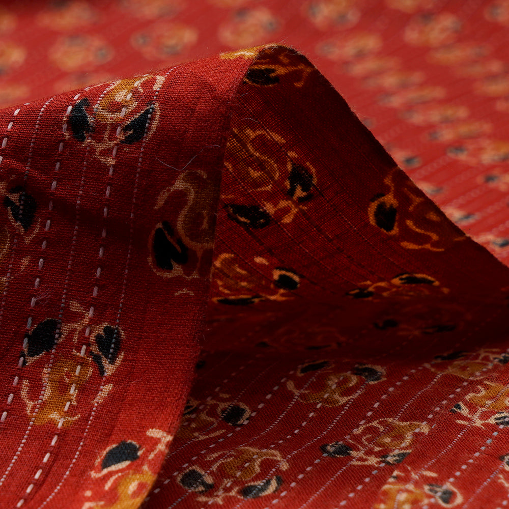 Red Floral Pattern Hand Block Print Kantha Cotton Fabric