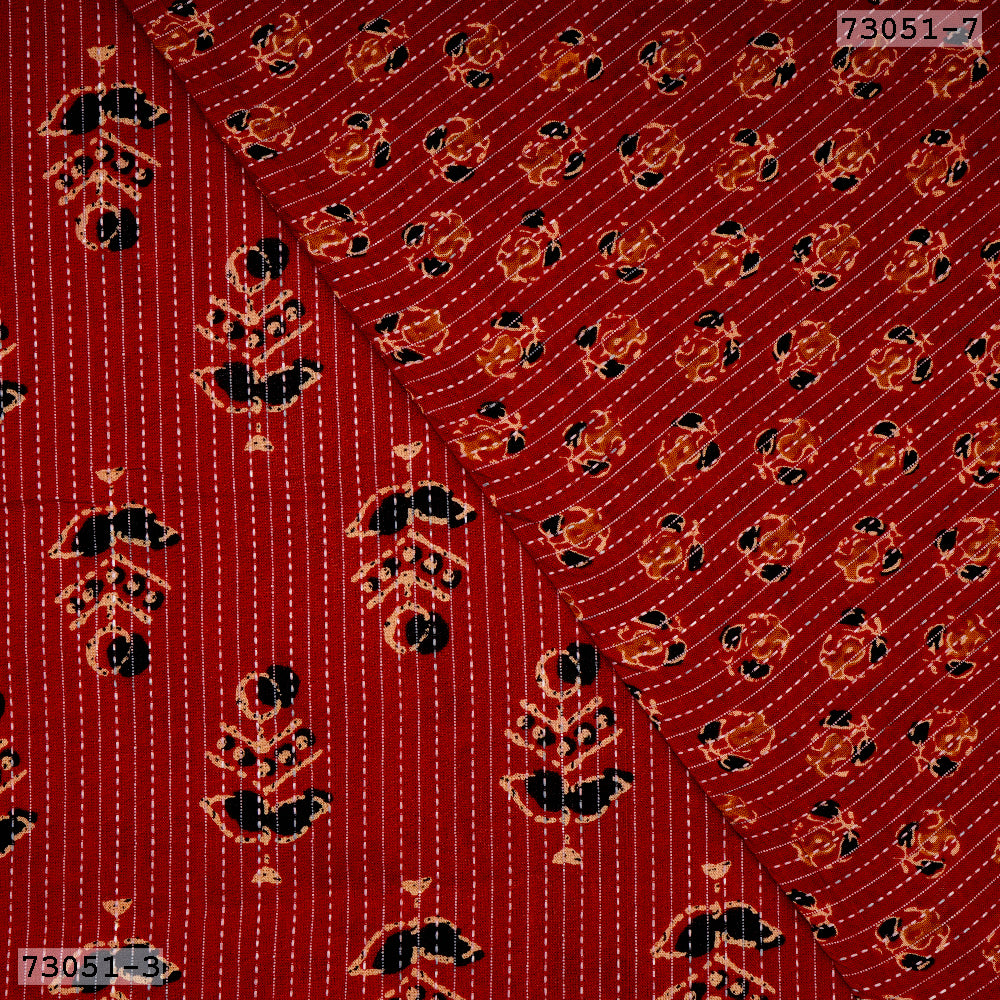 Red Floral Pattern Hand Block Print Kantha Cotton Fabric