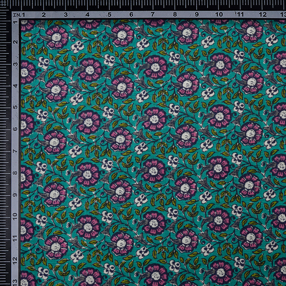 Green Floral Pattern Screen Printed Slub Cotton Fabric