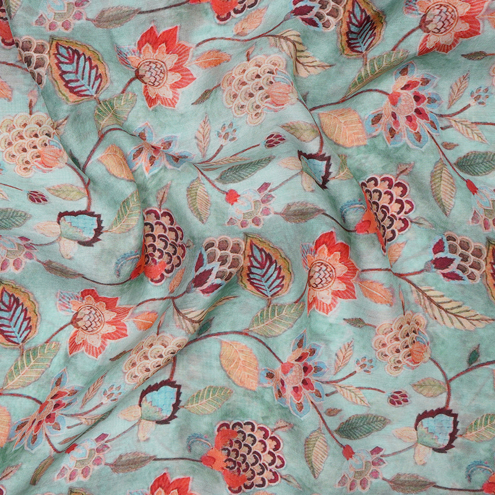 Sea Green Floral Pattern Digital Printed Viscose Fabric