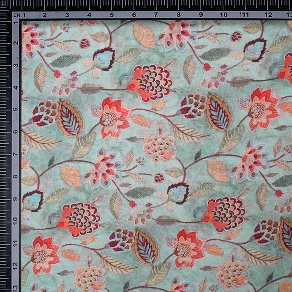 Sea Green Floral Pattern Digital Printed Viscose Fabric