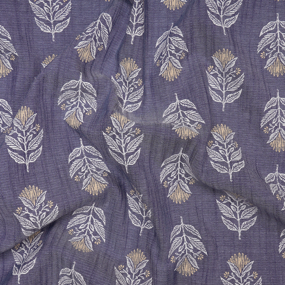 Light Blue Floral Pattern Printed Cotton Chambray Fabric