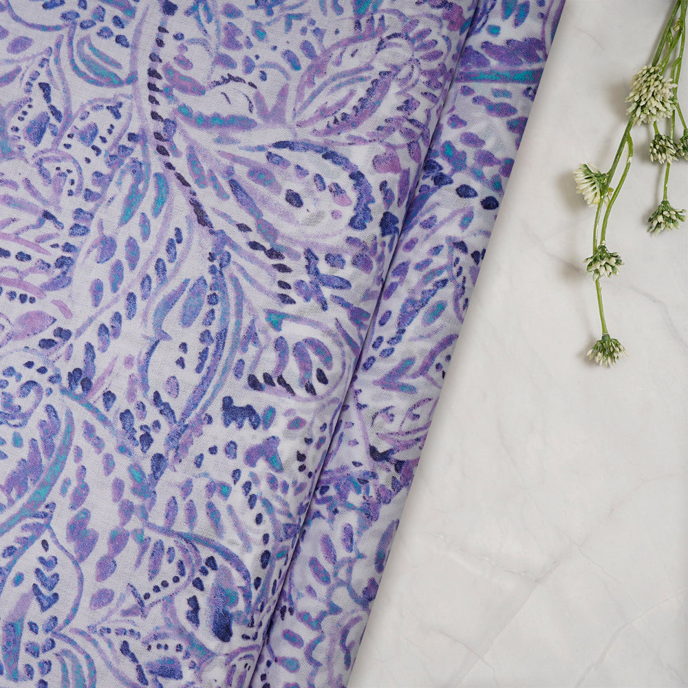 Purple White Floral Pattern Printed Mill Made Cotton Chambray Fabric