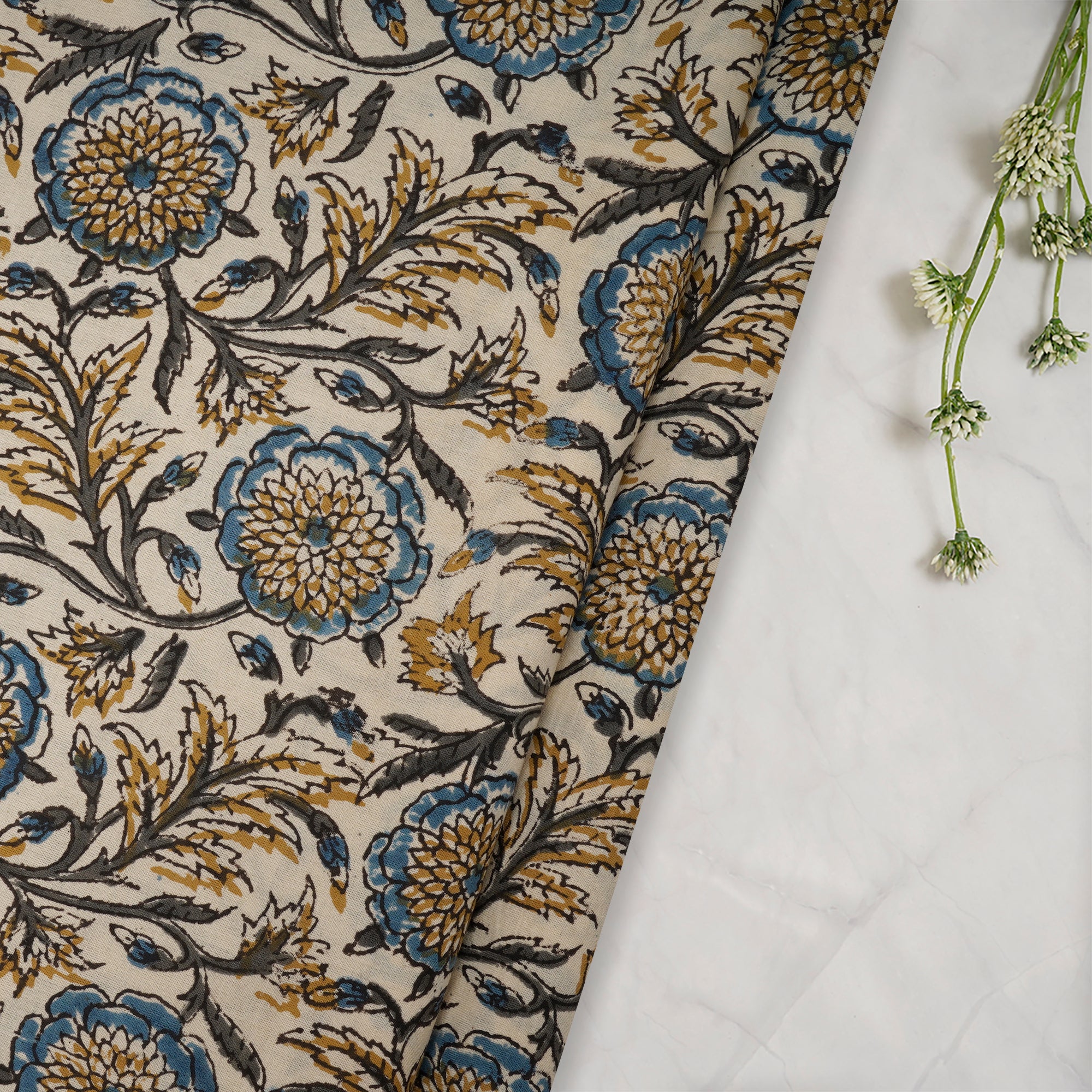Multi Floral Pattern Natural Dye Hand Block Bagru Printed Cotton Fabric