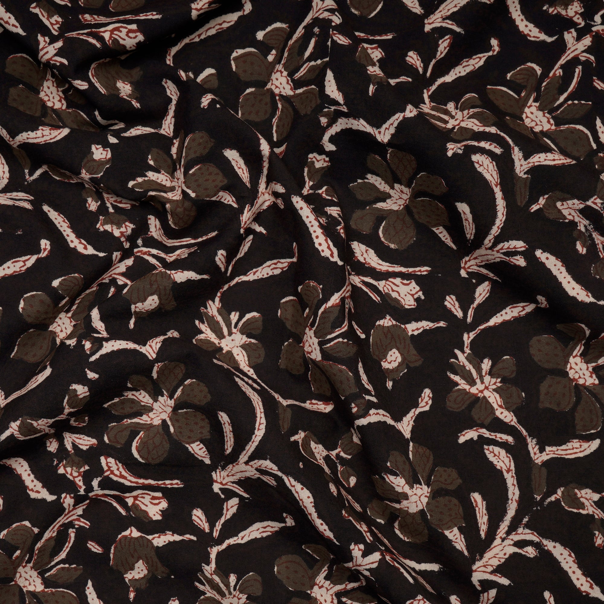 Dark Brown Floral Pattern Natural Dye Hand Block Bagru Printed Cotton Fabric