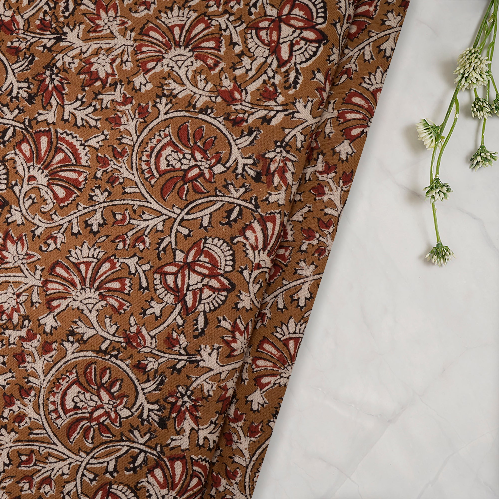 Dark Mustard Floral Pattern Natural Dye Hand Block Bagru Printed Cotton Fabric