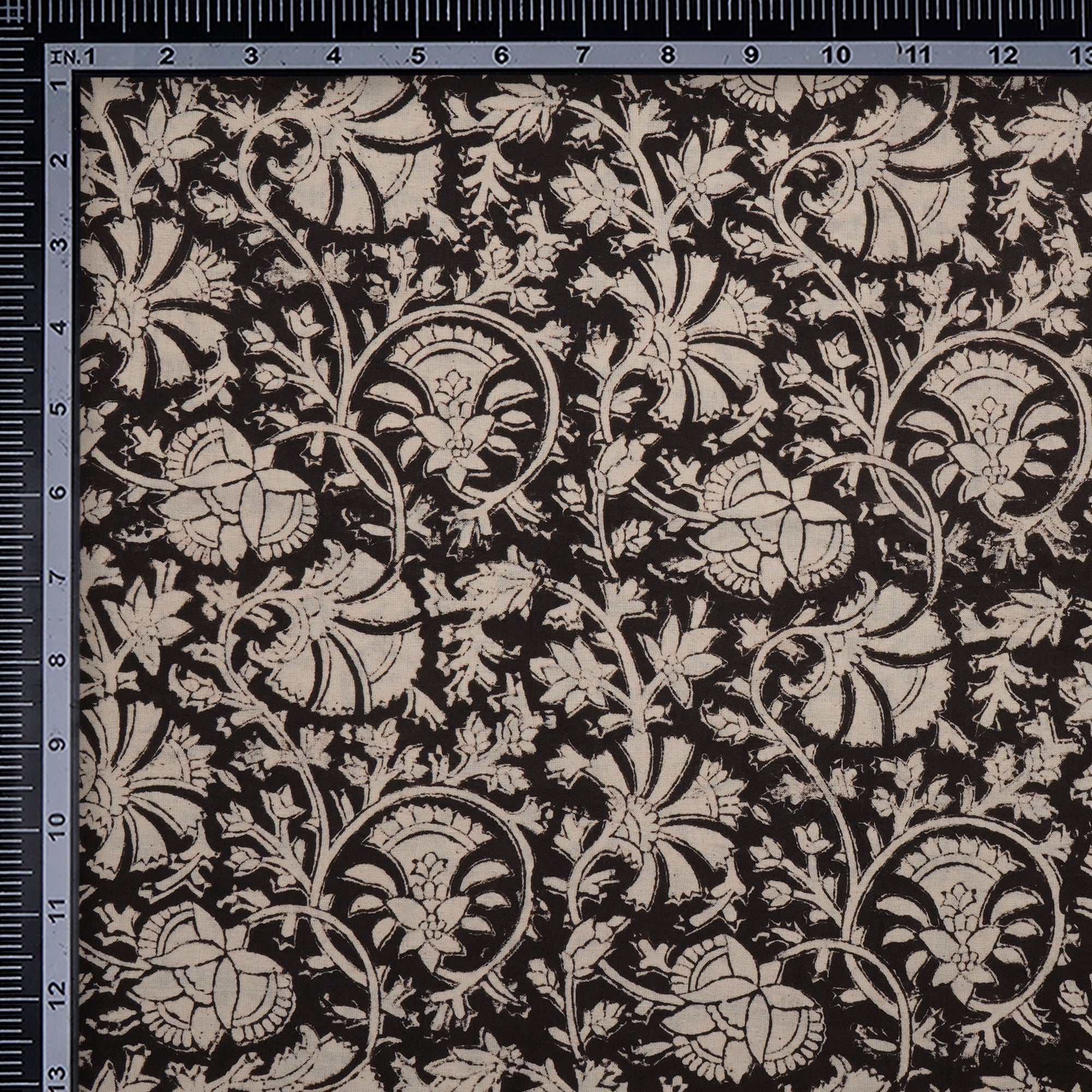 Black Floral Pattern Natural Dye Hand Block Bagru Printed Cotton Fabric