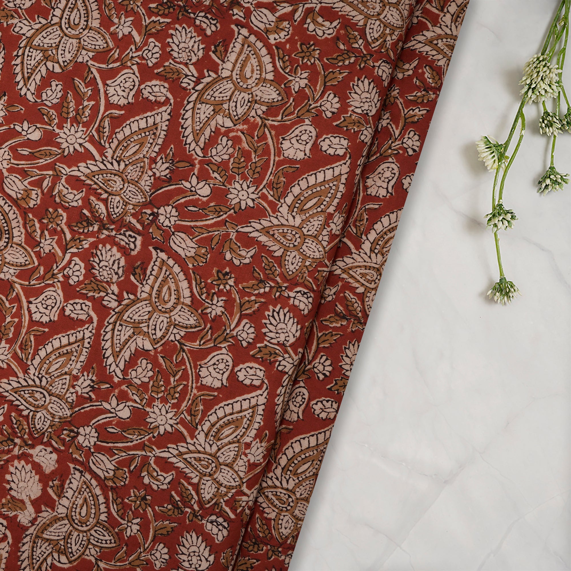 Red Floral Pattern Natural Dye Hand Block Bagru Printed Cotton Fabric