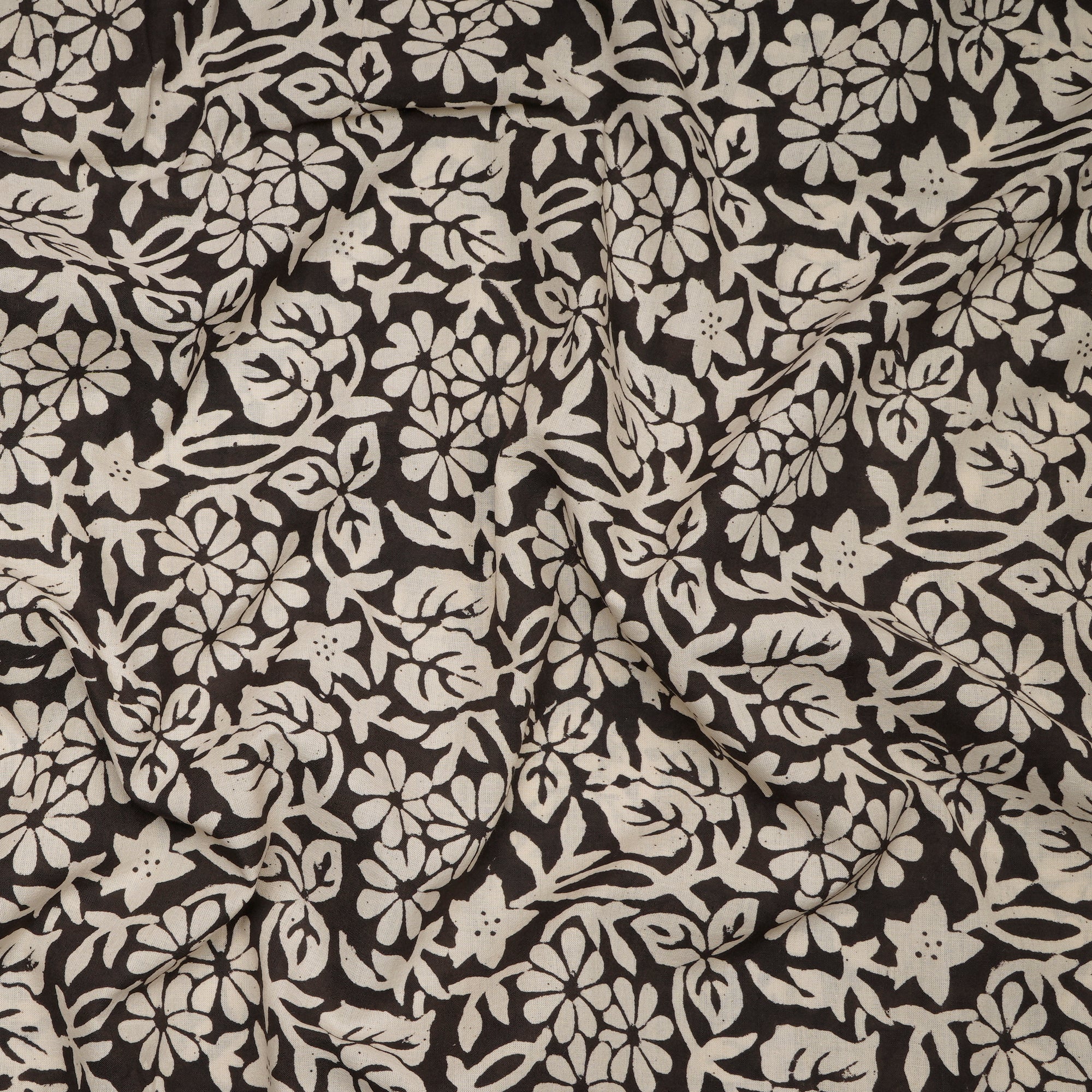 Black Floral Pattern Natural Dye Hand Block Bagru Printed Cotton Fabric
