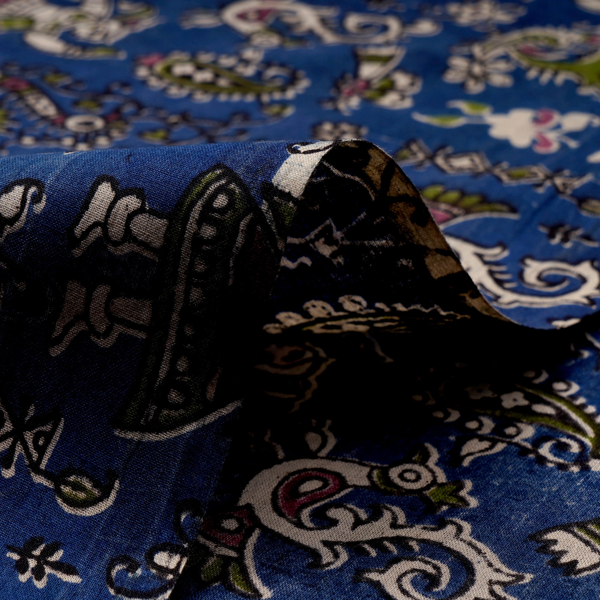 Blue Traditional Pattern Screen Printed kalamkari Cotton Fabric