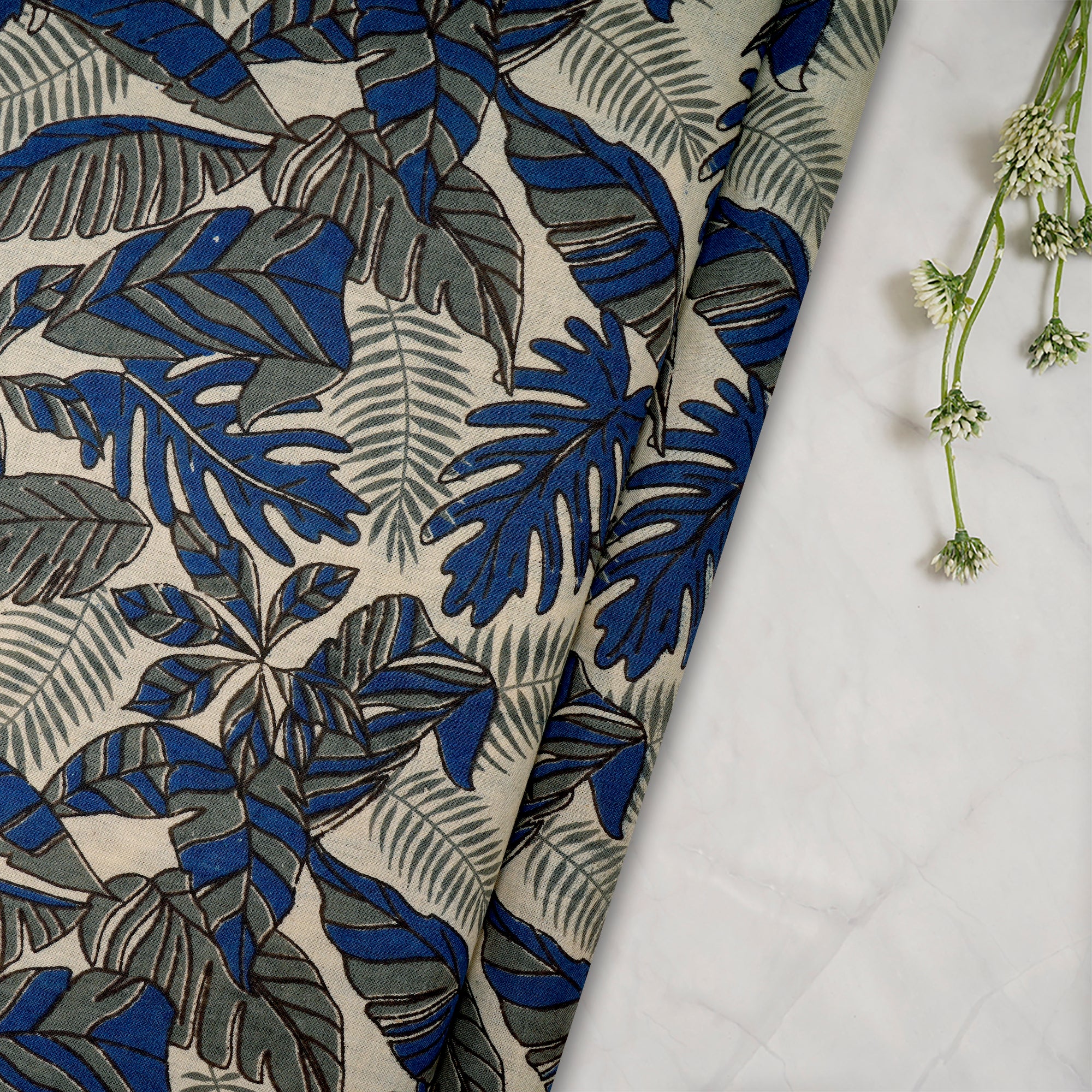 Blue-Grey Floral Pattern Screen Printed kalamkari Cotton Fabric