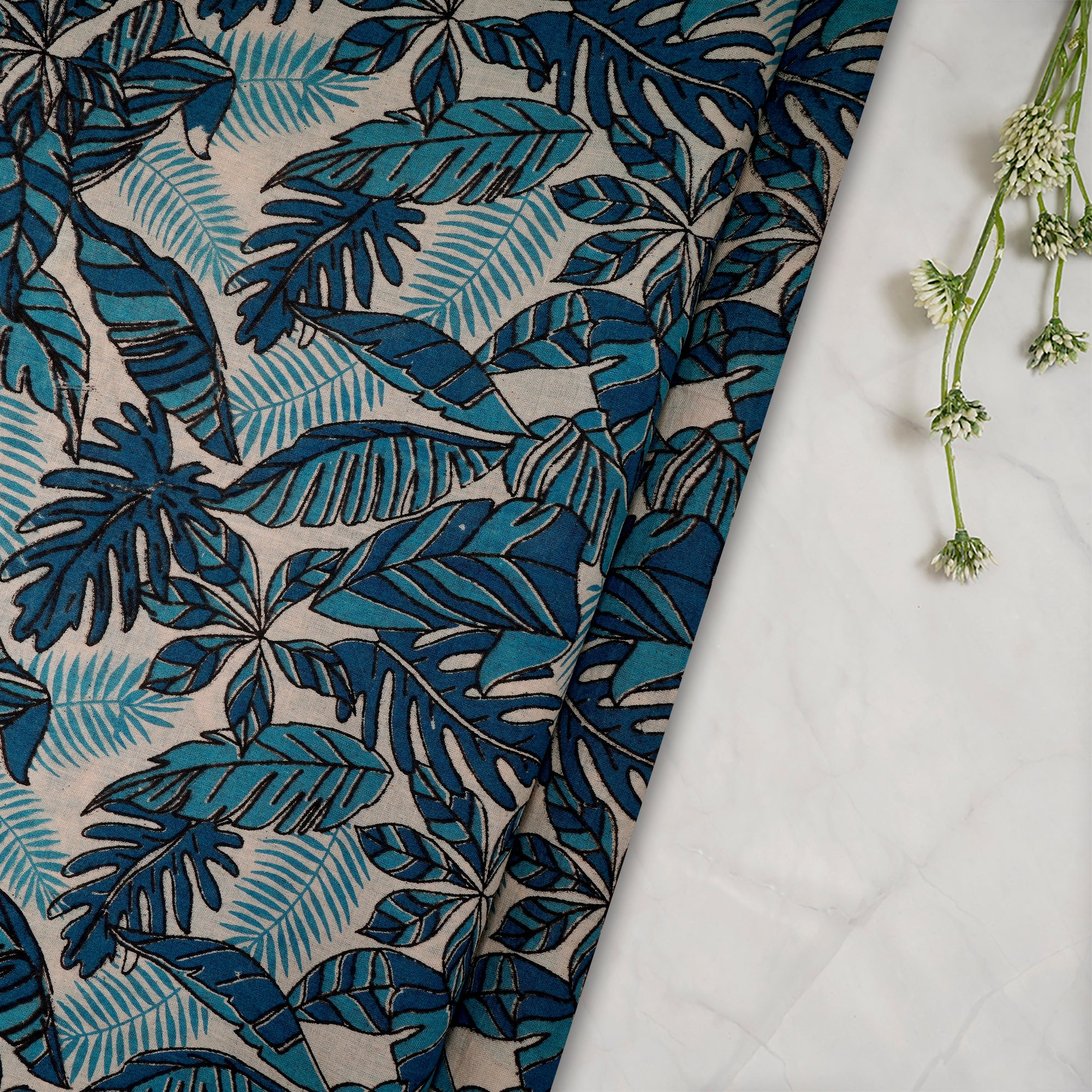 Blue Floral Pattern Screen Printed kalamkari Cotton Fabric