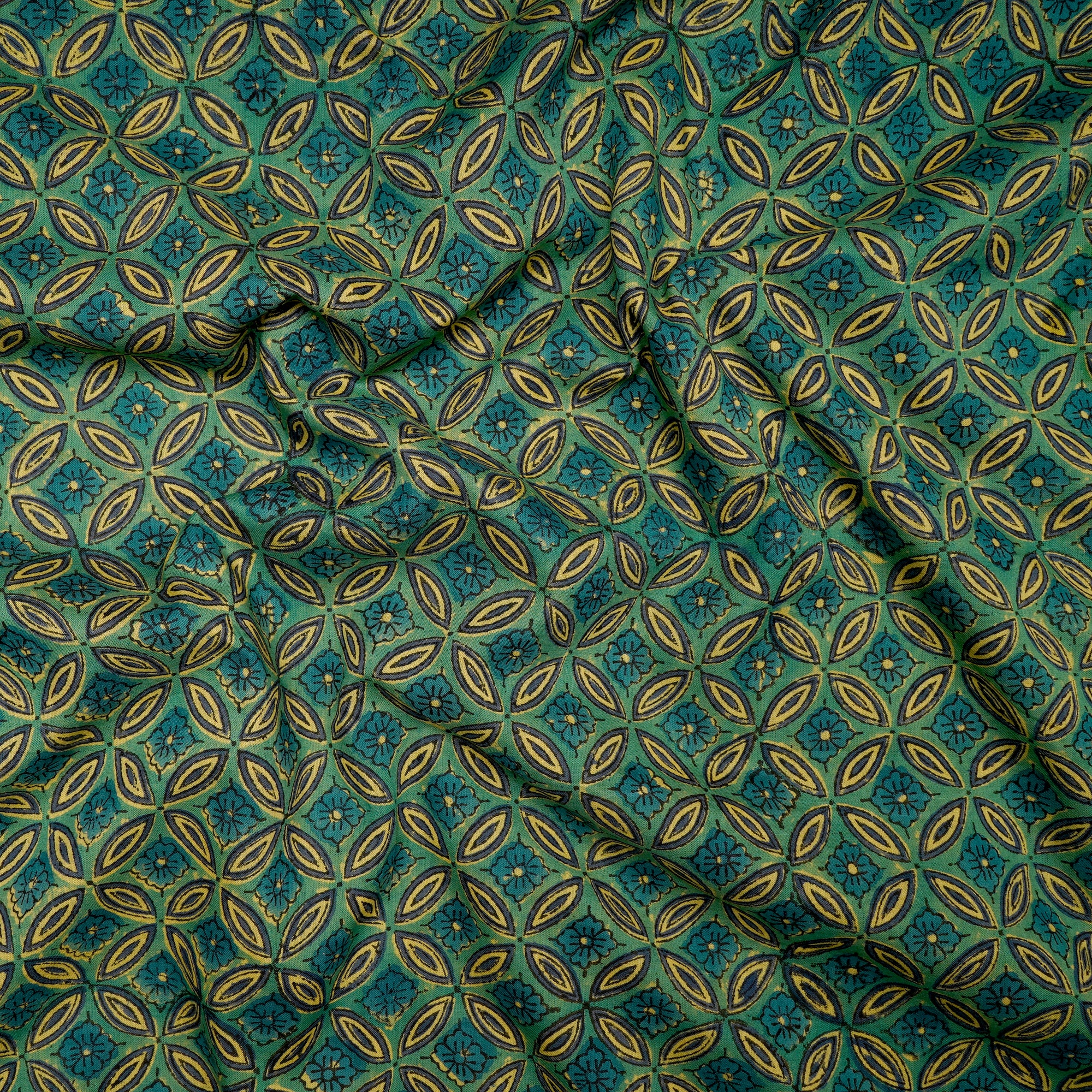 Green Geometric Pattern Bagru Hand Block Printed Cotton Fabric
